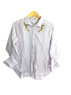 PASSAPORT- WOMENS BLUE/WHITE STRIPE FRONT EMBROIDER LONG SLEEVE 100% COTTON SZ L